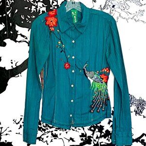 3J Workshop Johnny Was Embroidered Peacock Western Shirt Turquoise Small JWLA